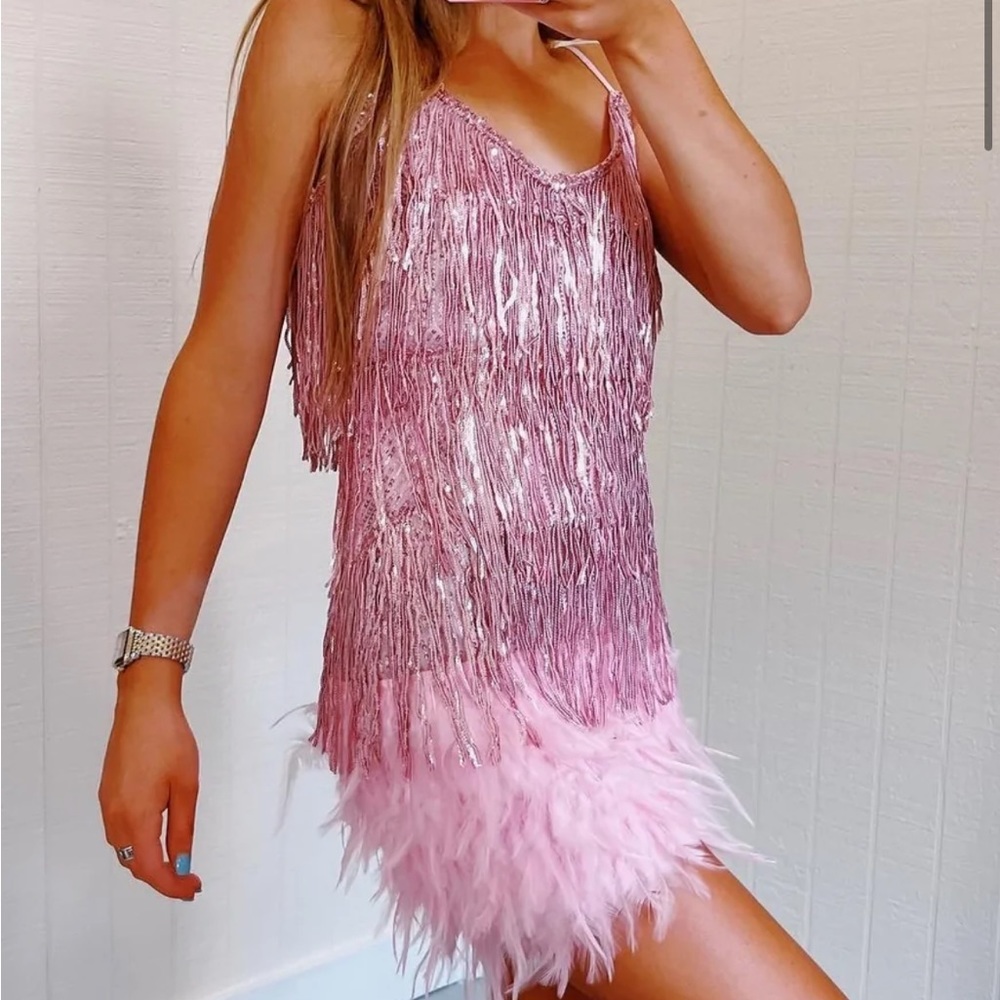 pink feather sequin cocktail dress